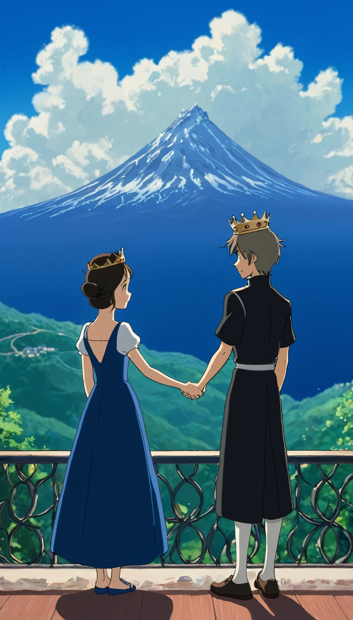 Imagine a prince with black dress and princess in deep blue color dress with their crown on their head standing together holding their hands in their balcony and facing mountains in anime: studio ghibli: japanese anime style; vibrante; artstation; high quality