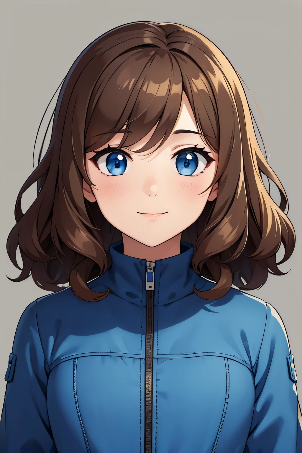 (high-quality, breathtaking),(expressive eyes, perfect face) 1girl, female, solo, portrait, age 6, adolescent age, short height, small frame, Symmetrical Eyes, brown hair color, medium hair length, wavy curly hair, upper body, blue eyes, positive expression, childlike face, cute smile, detailed eyes, fallout series, grey background, blue vault jumpsuit, blue jumpsuit fallout, hair between eyes, blue ribbons in bangs
