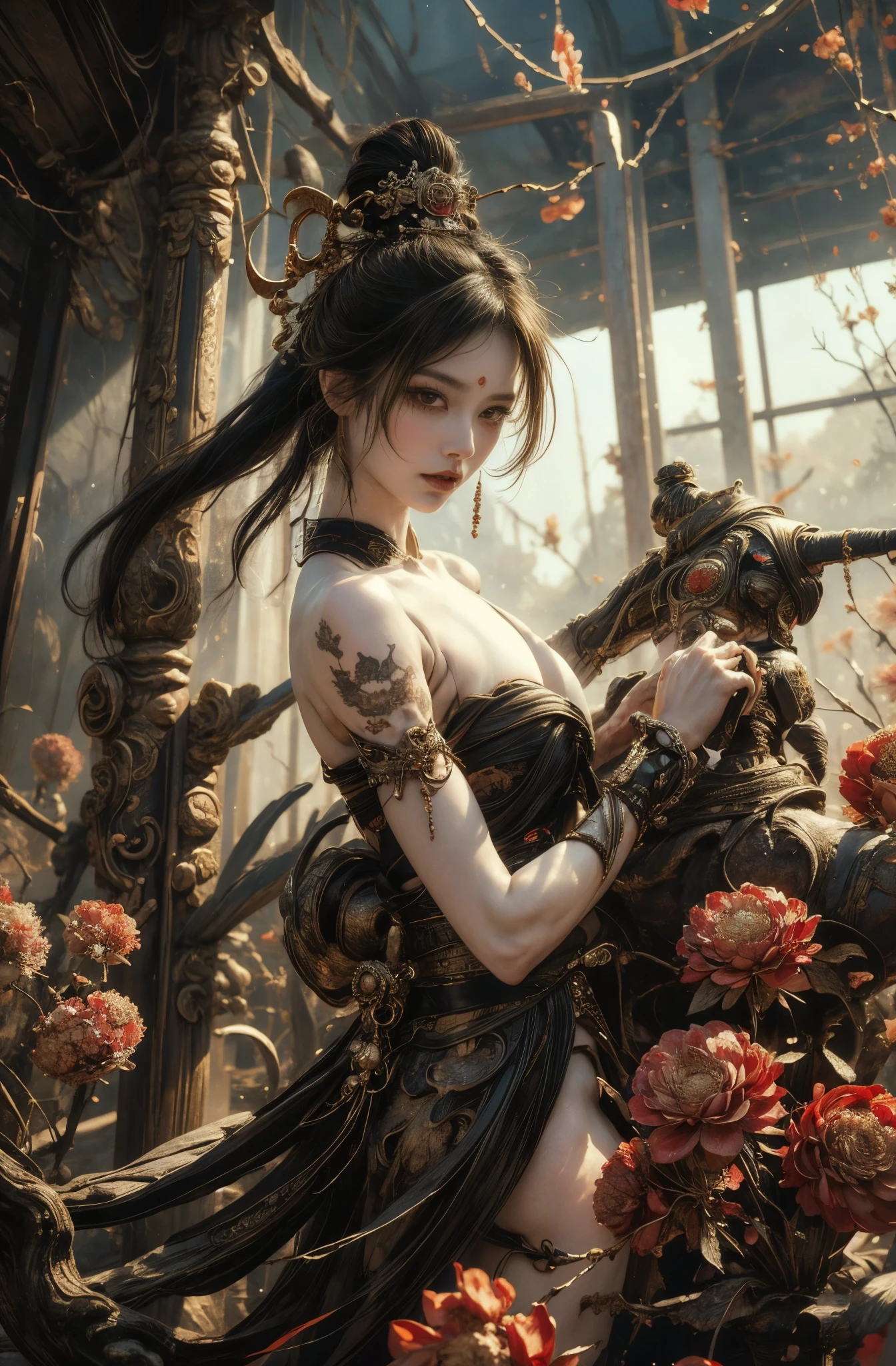 Beautiful demon woman painting, The superhuman strength of a demon, The strong demon, Unrivaled strength, The demon queen with unparalleled supernatural powers, A beautiful demon woman, Beautiful black hair, Oiran, geisha, A profusion of flowers, Beautiful flowers blooming behind, Five-fingered hands, Inspired by Chen Yifei, Works that influenced Francesco Hayes, Inspired by Hendrik Terbruggen, Jean=Works that influenced Auguste Dominique Ingres, Inspired by Liu Jun, Jean=Works that influenced Auguste Dominique Ingres, highest quality, The perfect angle, Perfect composition, Best Shot, Official Art, Cinematic Light, Figurative art, Beautiful and expressive paintings, Beautiful artwork illustration, wonderful, Cool Beauty, clear, Mysterious, highest quality, Official Art, Perfect composition,The perfect angle, Best Shot, women only, Sharp contours, pretty much beautiful face, Five fingered hand, demon of kyoto, A cold and ruthless devil woman, Lord of the Demons, The Queen of Asura who rules over the Hundred Demons, Full Body Tattoo, wide, Rashomon, Close-up