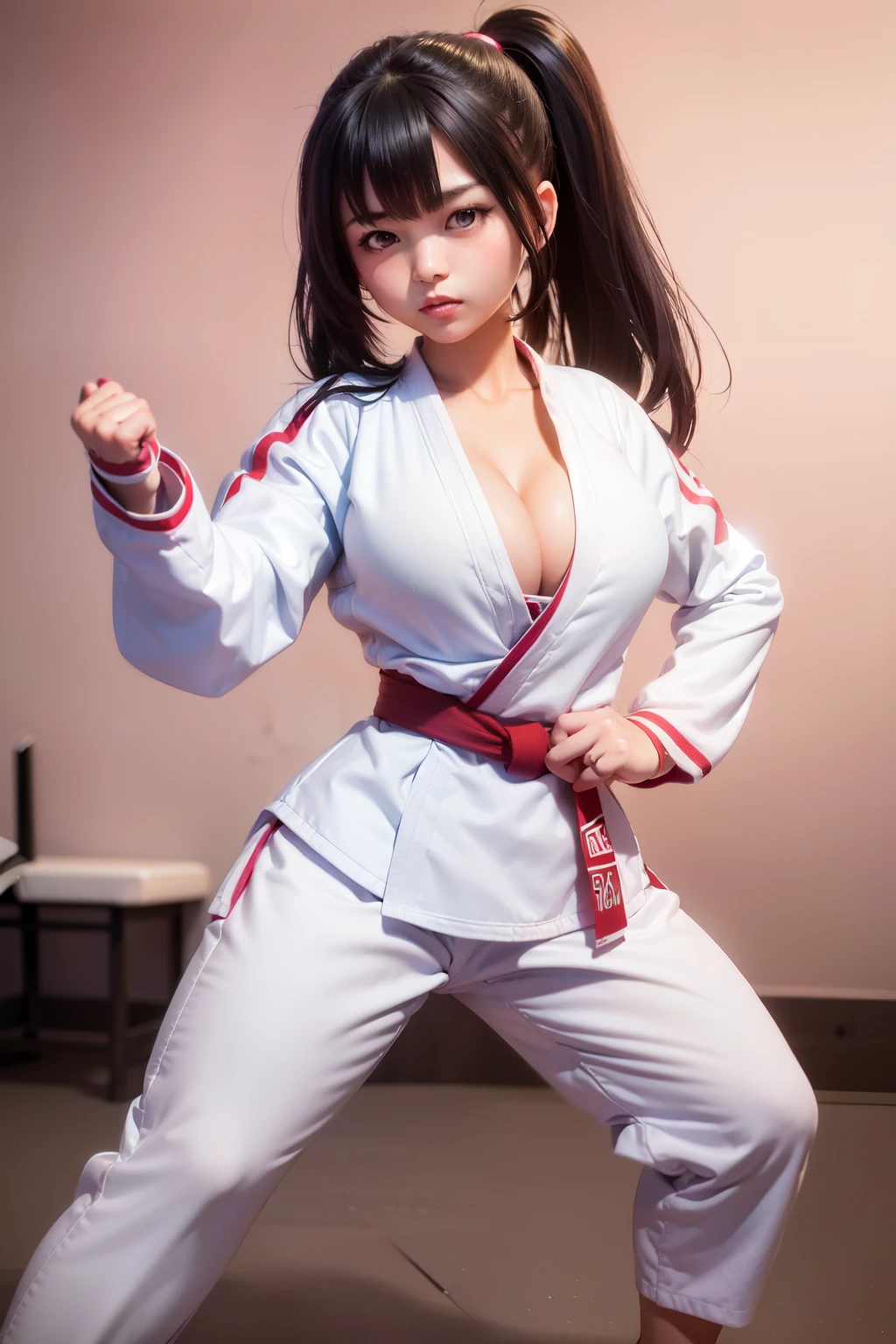 8k、Raw Photo、highest quality、masterpiece:1.2),(Black-haired),((From the knee up:1.35))、Upper Body、ponytail、View your viewers,Viewed from the front,,White skin,(A very young, tiny girl is enjoying karate at the karate dojo.)、((A very young, , tiny girl with big breasts))、((Karate uniform with the front open、Fully exposed cleavage:1.5))、Naked cleavage、((Very large breasts:1.3))、Standing with legs slightly apart、((((Karate uniform with sleeves))))、Ultra-high resolution,beautiful,beautiful fece、nsfw