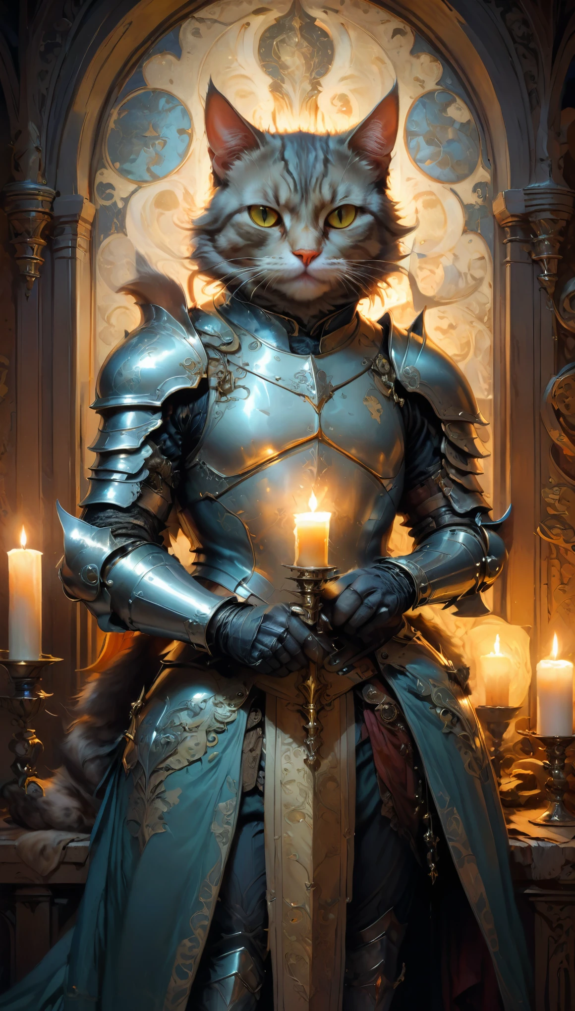 A cat knight dressed in ridiculous fashion, Cozy medieval study with candlelight as background, by artgerm and greg rutkowski and alphonse mucha, (masterpiece, highest quality, Perfect composition, so beautiful, Absurd, Super detailed, Intricate details, Professional, Official Art, Representative works:1.3)