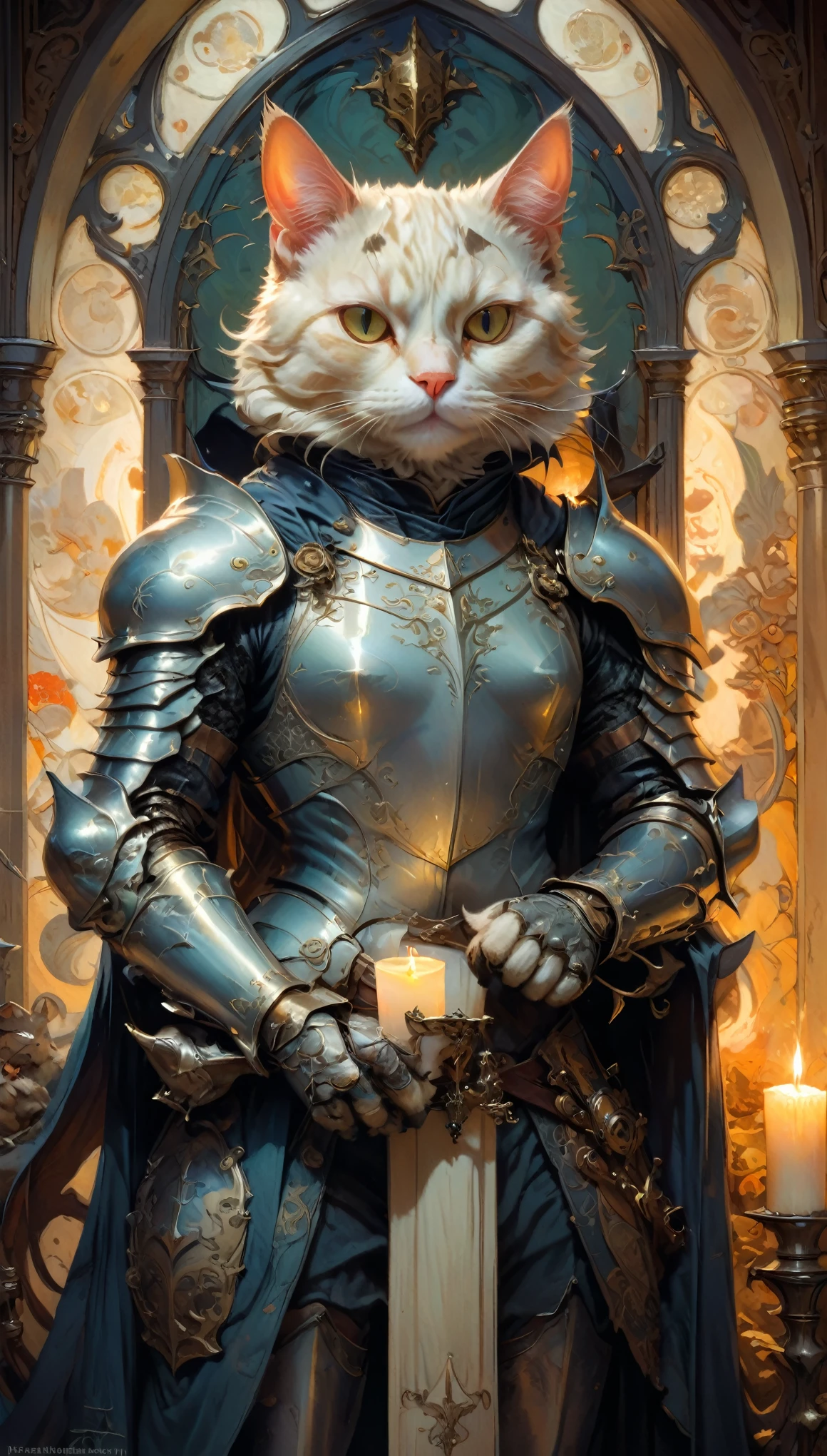 A cat knight dressed in ridiculous fashion, Cozy medieval study with candlelight as background, by artgerm and greg rutkowski and alphonse mucha, (masterpiece, highest quality, Perfect composition, so beautiful, Absurd, Super detailed, Intricate details, Professional, Official Art, Representative works:1.3)