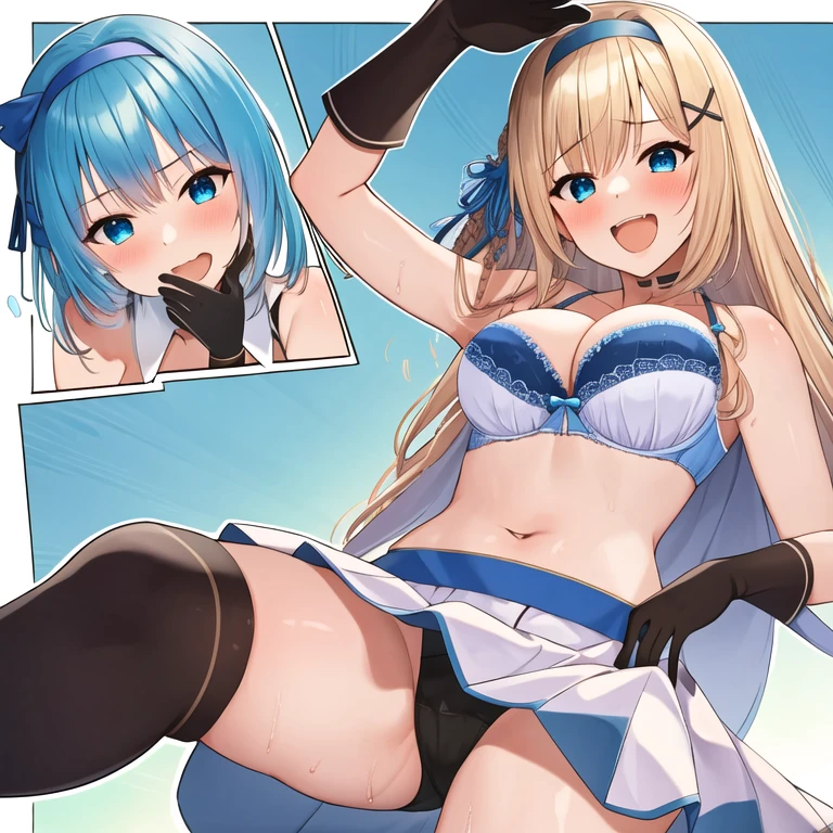 (masterpiece, best quality:1.2), 1girl, solo, blond hair, blue hairband, blue hair ribbon on the left, white-blue bra, black gloves, knight skirt, Solid color background