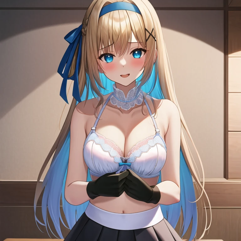 (masterpiece, best quality:1.2), 1girl, solo, blond hair, blue hairband, blue hair ribbon on the left, white-blue bra, black gloves, knight skirt, Solid color background
