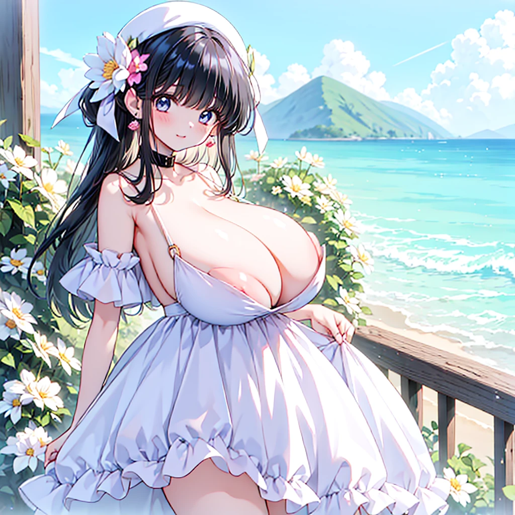 NSFW,a female cartoon character with big breasts looks at viewers in her floral dress, 1girl, solo, flower, underwear, breasts, blue eyes, outdoors, hair ornament, black hair, bra, hat, jewelry, looking at viewer, earrings, long hair, bangs, hair flower,see-through