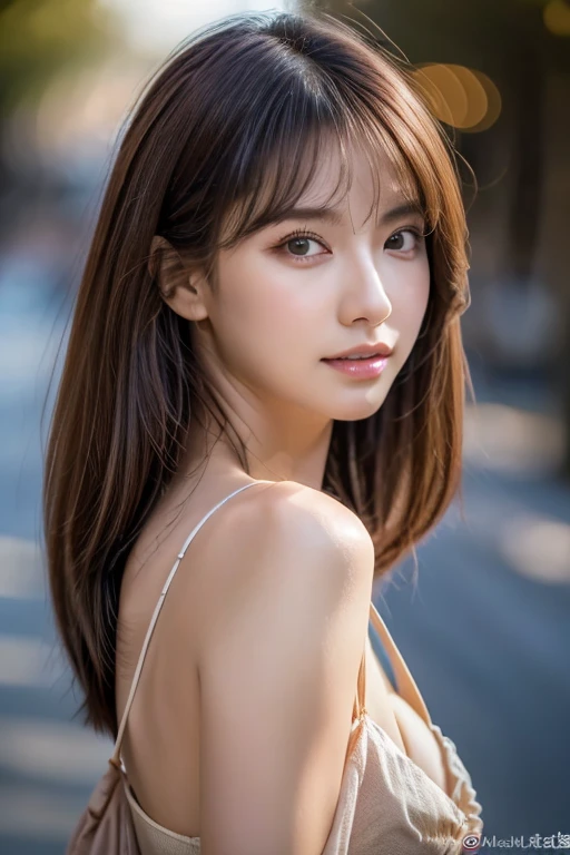 ((highest quality)), ((masterpiece)), (detailed), Perfect Face、Perfect body、Facing the camera、The body is facing forward、Light brown hair、Beautiful Skin、Cleavage、girlfriend on date、Russian Beauty、(masterpiece:1.3), (8k, Photorealistic, Raw photo, Best image quality: 1.4), (Random Hairstyles:1.2)、Cleavage:1.2、Super detailed face、Attention to detail、double eyelid、Put your chest together、Sharp focus:1.2、Beautiful woman:1.4、Light brown hair、highest quality、masterpiece、 high resolution、(Photorealistic:1.4)、非常にdetailedでプロフェッショナルな照明の笑顔、Loose dress、thin、Serious expression