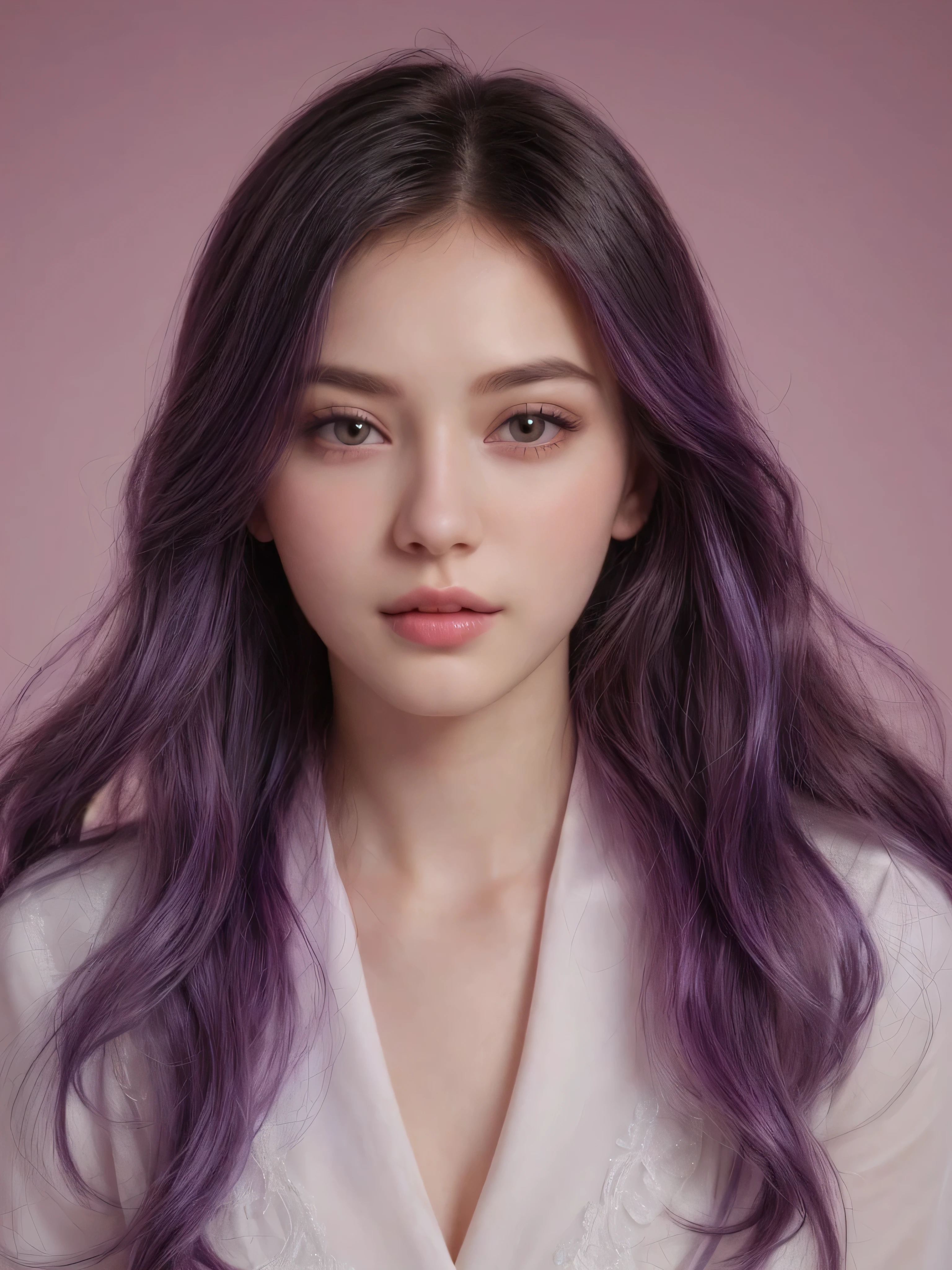 (8k, RAW photo, best quality, high detailed facial feature, realistic, masterpiece:1.2), ultra-detailed, pale skin tone (natural beauty, beauty:1.1, gorgeous girl), best face in the world, no makeup (Korea beauty standard, small and slim face, very unique face,)(almond eyes shape, detailed eyes:1.1, dark black eyes), (purple hair color, vibrant purple hair), (small and slim face)(3 layer hairstyle, flowing wavy hair)