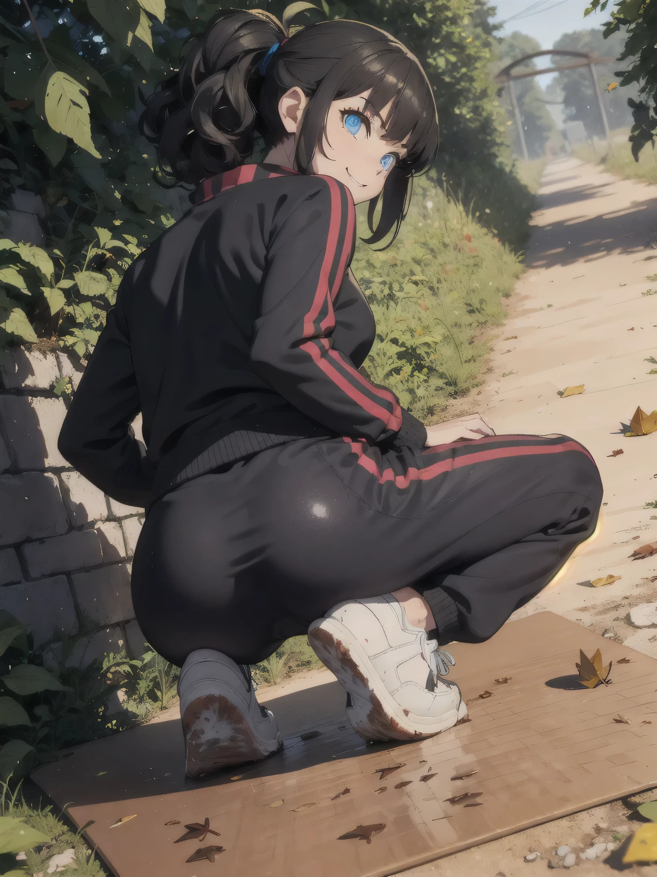 1girl,  angry,  curly hair, looking at viewer,(beautiful detailed blue eyes), (Persona:1.2),,  spread legs,(amagi_yukiko), squatting, (over size Colorful track suit pants),(), line off, smile, (((highlight in eyes))), (((small mat))), (((Narrow gravel road))), (thick outline), Mud road, ((Crouch on a muddy doormat)), (glowing eyes), ((Arch your back)), (from below:1.4), long weeds, (from behind:1.5), blue sky, (Stepping on fallen leaves:1.6), (A large amount of fallen leaves on the soles of shoes:1.4),(3D:1.3), sneakers