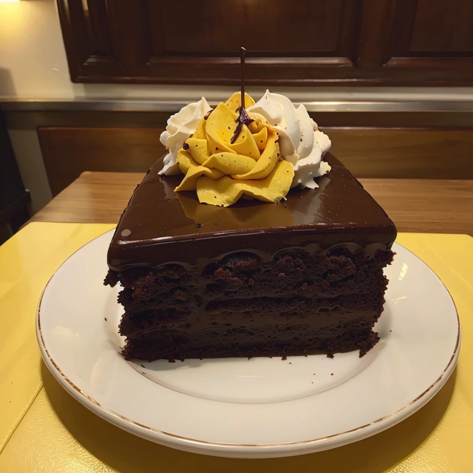 Top view of On peice of chocolate cake in a yellow colour plate in a table in a  cafe