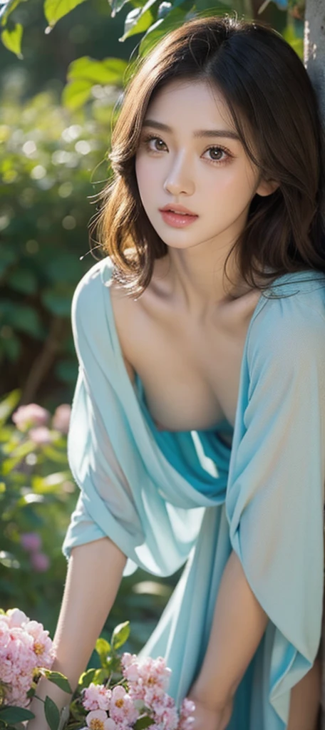 "down blouse girl,beautiful detailed eyes,beautiful detailed lips,extremely detailed eyes and face,long eyelashes,flowy dress,sunlit garden,vibrant flowers,lush greenery,realistic,high-resolution,medium,oil painting,vivid colors,ultra-detailed,professional,soft lighting"