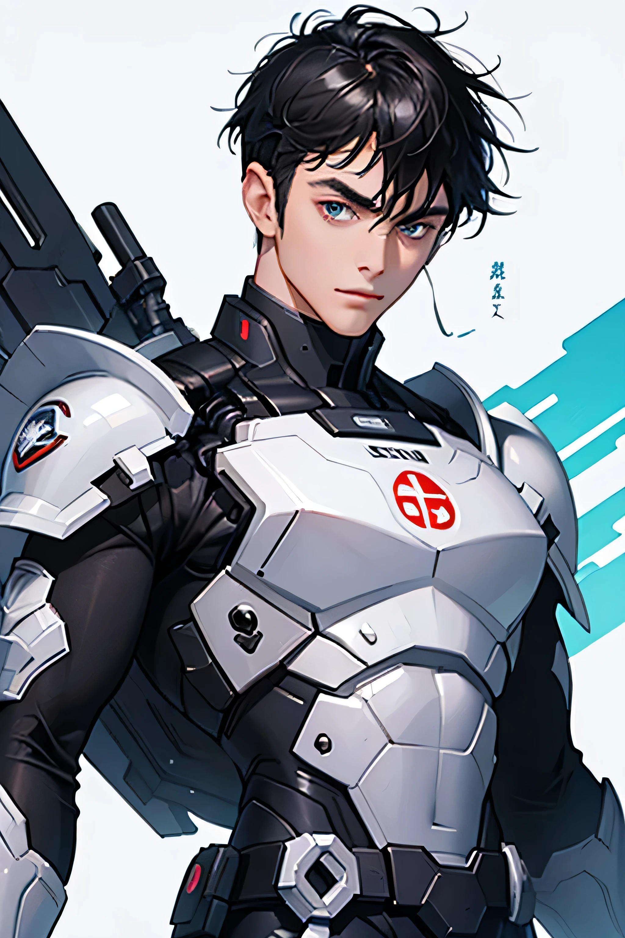 Handsome 18 year old Very short, cropped black hair cyborg White Armor future universe Science fiction The background is the galaxy universe looking at the camera