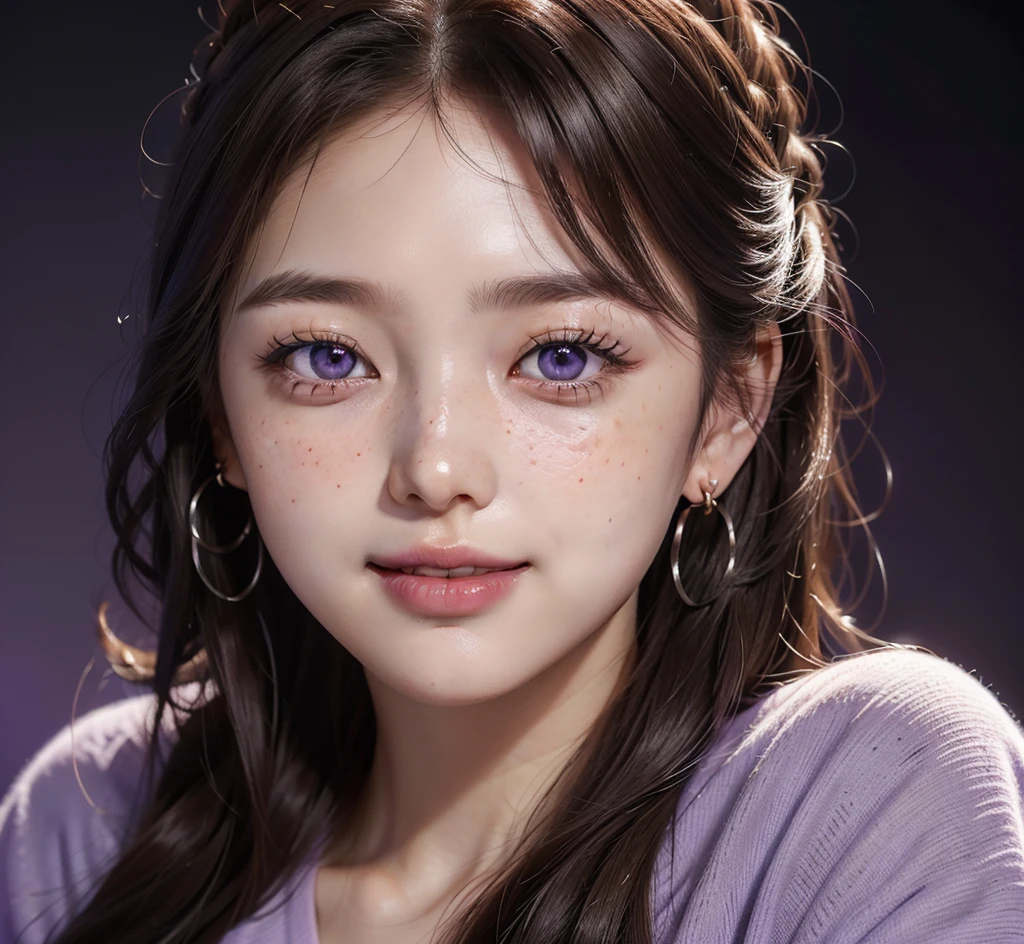 1 girl, 25 years old, south korean, idol, masterpiece, perfect face, soft skin, freckles under eyes, long whavy brown hair, shiny purple eyes, light purple lips, natural makeup, red eyeliners, smile, open mouth, perfect teeth, purple earrings, facing the spectator, portrait, close up, face focus.