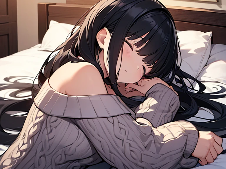 Masterpiece, Top quality, from side, upper body, 1 beautiful girl,  Sleeping together, black hair, long hair, wave hair,15 year old, medium breasts, standard weight,  (Off-the-shoulder sweater:1.3), sleep in bed :1.5, (beautiful scene of bed) ,close up of face, Hanging Hair, Wrist pillow