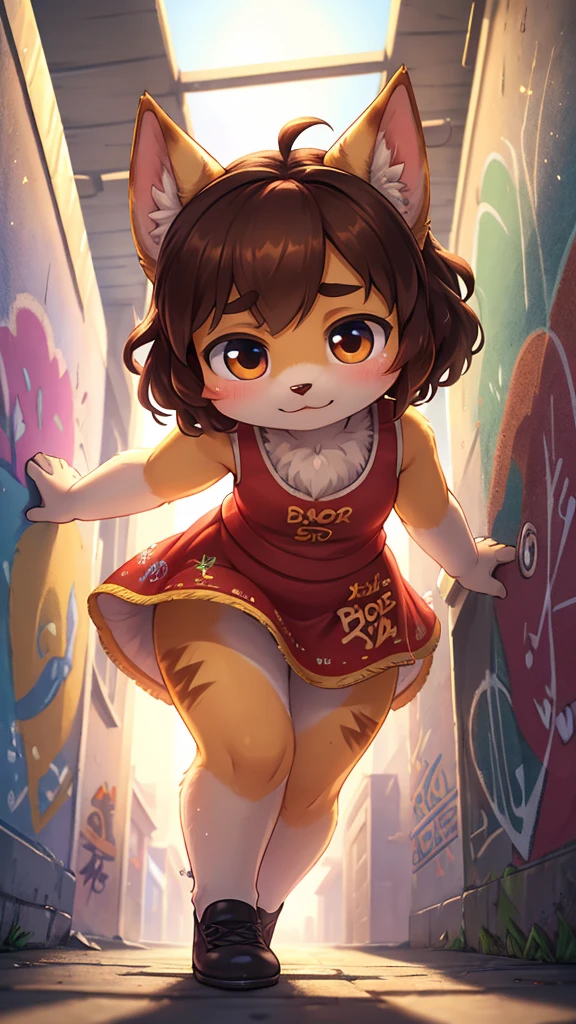 Unrealistic Perspective , dynamic angle , Composition using the rule of thirds , Bokeh  , dynamic model action , realistic hairy fur , round face , moist round eyes , Swollen cheeks , hair ties , Short stature , accidents , Cartoon Kids, Similar to Disney Prince, Dark Brown Hair, curly, So cute, Colorful painting (((Graffiti art) (Karen Griffiths))), Crazy Details, Intricate details, Super detailed, Soft lighting like a movie, Exposure Blending, 8k resolution, Saturated colors in the foreground