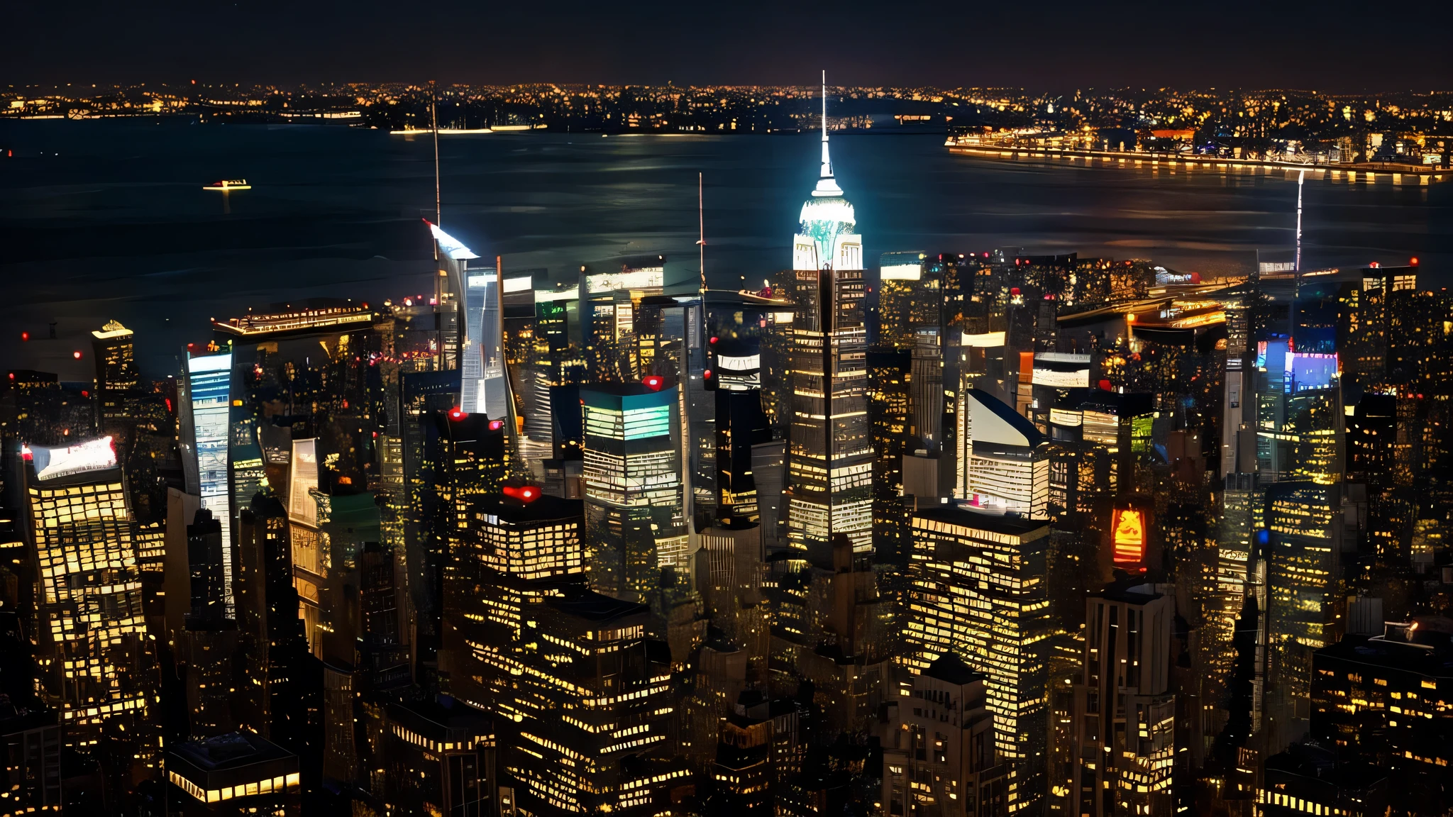 New York night view。Iconic buildings like the Empire State Building and the Statue of Liberty are illuminated