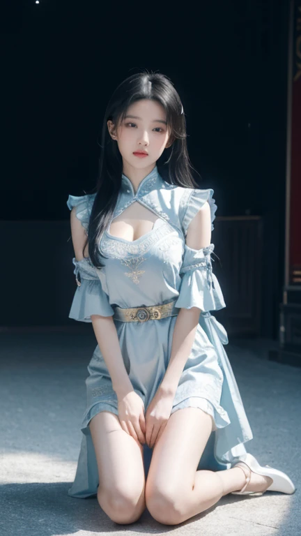 best quality,HDR,super high quality,8K,Vibrant colors,solitary,Medium shot,(1 girl:1.5),(kneel:1.3),From the front,Soft Light,(looking at the audience:1.6),elegant,detailed gorgeous face,(Simple background:1.1),Cowboy shooting,rc,hollow clothes,Slim Fit Chinese Dress,Revealing clothes,Black long hair,Natural skin texture,Realistic eYes and facial details,Pretty Face,Huge breasts,Thin waist,Bare Legs,Gentle sister,Obedient personality,Obey everything,sit down、Obey everything、Submissive nature,Likeable,付出型性格和Likeable的个性,Obey everything,Sit down under、Likeable,Absolute obedience,Absolutely obedient,Willing to give everything,Waiting for command,Full body view