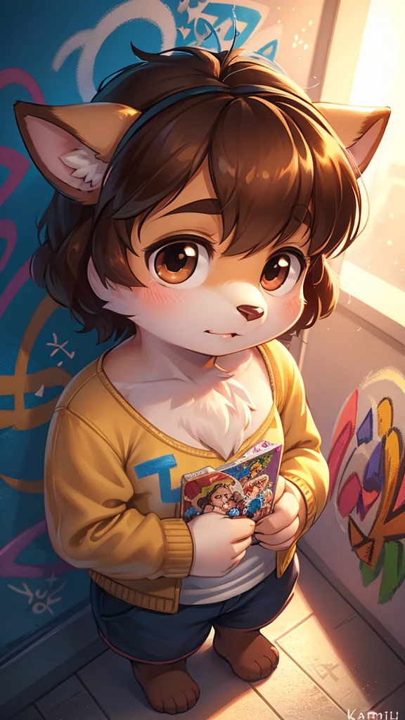 Unrealistic Perspective , dynamic angle , Composition using the rule of thirds , Bokeh , dynamic model action , realistic hairy fur , round face , moist round eyes , Swollen cheeks , hair ties , Short stature , accidents , Cartoon Kids, Similar to Disney Prince, Dark Brown Hair, curly, So cute, Colorful painting (((Graffiti art) (Karen Griffiths))), Crazy Details, Intricate details, Super detailed, Soft lighting like a movie, Exposure Blending, 8k resolution, Saturated colors in the foreground