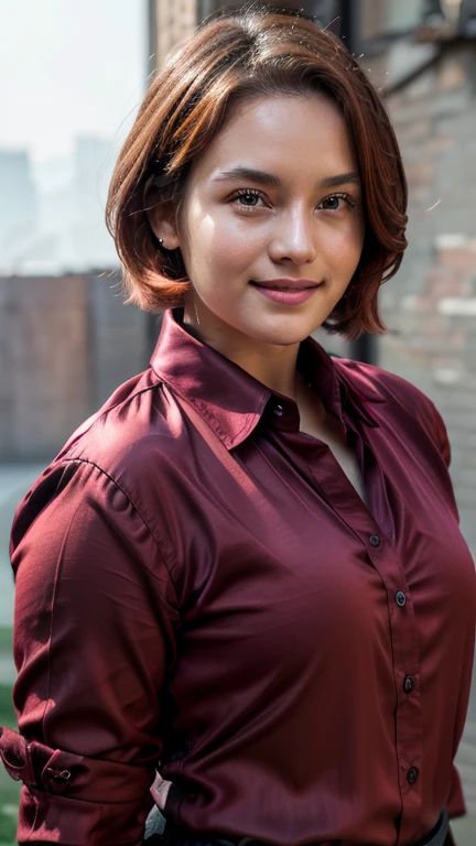 20 years old woman, (photorealistic:1.4, realistic), highly detailed CG unified 8K wallpapers, 1girl, (((thick body))), looking at viewer, (HQ skin:1.4), 8k uhd, dslr, soft lighting, high quality, film grain, Fujifilm XT3, ((upper body shot:1.2)), (((maroon silk collared shirt))), ((simple background, colorful background)), ((ginger short hair)), (smile)