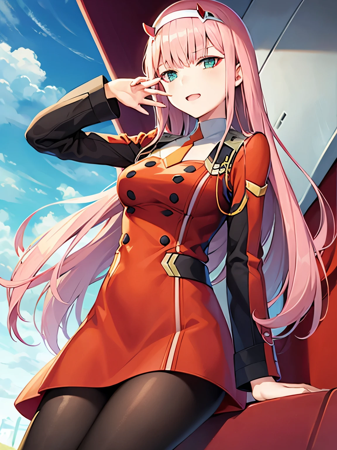 aazero2, long hair, horns, hairband, military uniform, orange necktie, red dress, long sleeves, black pantyhose