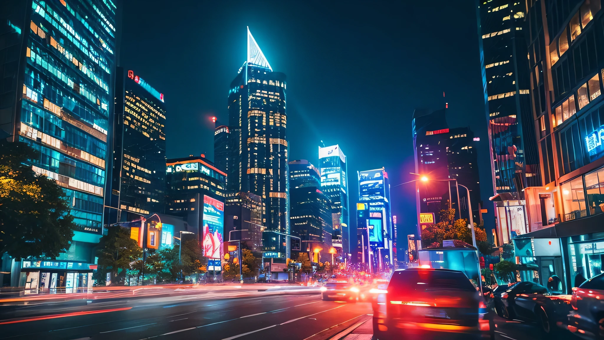 In the downtown area at night、Bright, shiny skyscrapers and busy streets、Colorful advertising in a cityscape