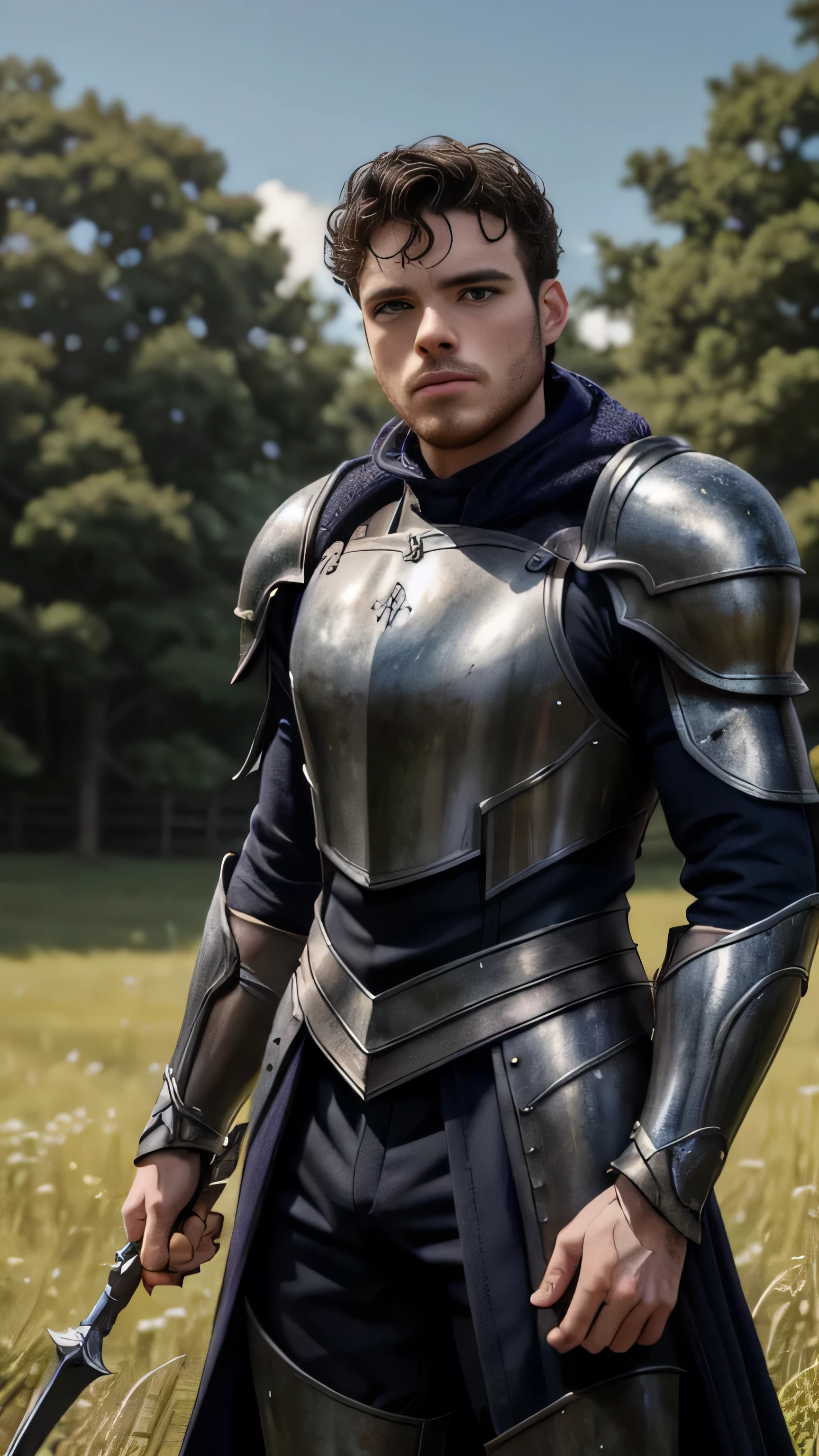 (Richard Madden) as Robb Stark, gray armor, (blue patters:0.8), boots, standing, in a field, (1man), (solo), (full body view), beautiful detailed glow, detailed, cinematic light, intricate detail, realistic, highres, detailed facial features, high detail, sharp focus, smooth, aesthetic, extremely detailed, stamp, octane render