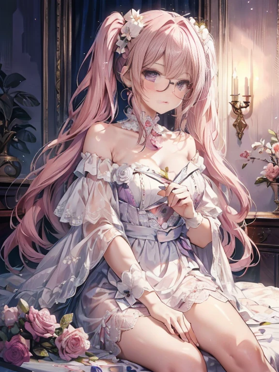 masterpiece, highest quality, High resolution, SA1, Floral off-shoulder dress, Sparkling purple eyes, False eyelashes, Pink hair twintails, Glasses、Cute atmosphere, Rose,