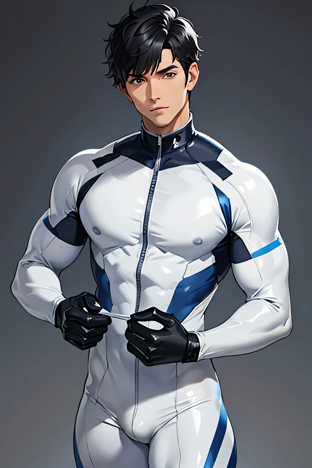 Handsome Short cut Very very short black hair Age 25 A tight rubber suit in white and navy blue Bulge gloves White tight rubber suit Future universe Black Hair looking at the camera up The background is a light white color Mega Bulge