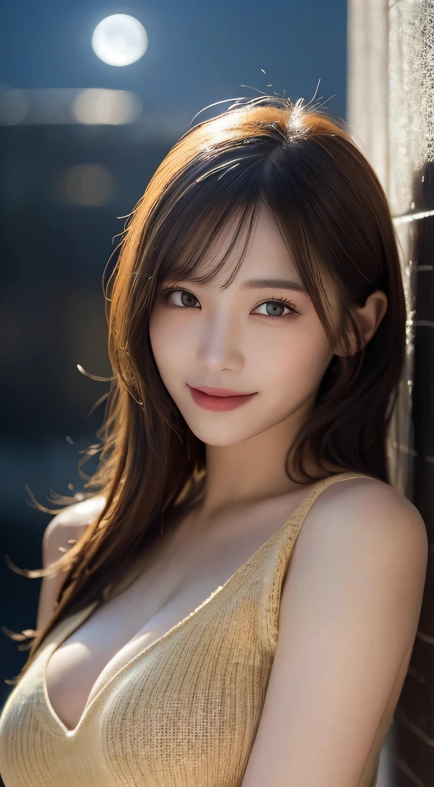 Body portrait, 8K, thin and beautiful eyes, Dindal effect, masterpiece, top quality, high quality, high resolution, very detailed photo, (natural skin texture, fine skin, hyper realism, super sharpness), high detail skin, (very fine, fine skin texture, intricate details, beautiful face, (realistic face), realistic eyes, beautifully detailed eyes, realistic skin, beautiful skin, surreal, very detailed Golden ratio, smiling eyes, ((night moonlight background) )), body portrait, G cup, big breasts, huge breasts, big breasts, glamorous, sexy knit dress,
