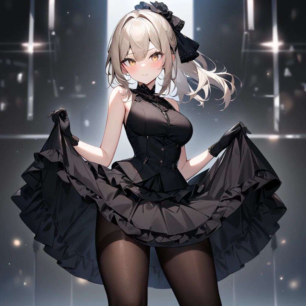 1 girl,best quality, very aesthetic,absurdres,looking at viewer,front view,Lovely lady,,skirt lift,high-grade,layer,westfrill,light hair,multilayer,blackcolor,trim,(side-Crisscross),breasts,upscale,Layered,yellow pale,blackglove,pantyhose,lovely,all black,Sleeveless,open stance,curtsey,impossible_clothes,half up,blouse,spread out,uphair