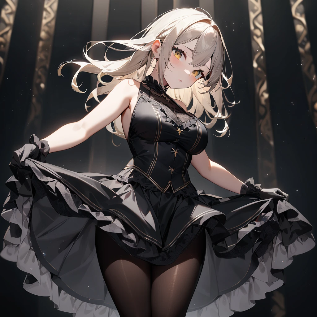 1 girl,best quality, very aesthetic,absurdres,looking at viewer,front view,Lovely lady,,skirt lift,high-grade,layer,westfrill,light hair,multilayer,blackcolor,trim,(side-Crisscross),breasts,upscale,Layered,yellow pale,blackglove,pantyhose,lovely,all black,Sleeveless,open stance,curtsey,impossible_clothes,half up,blouse,spread out,uphair