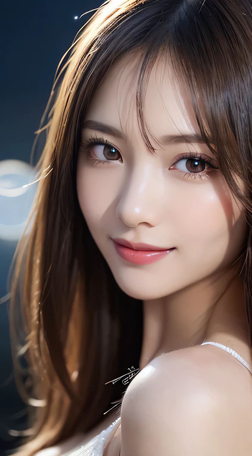 Body portrait, 8K, thin and beautiful eyes, Dindal effect, masterpiece, top quality, high quality, high resolution, very detailed photo, (natural skin texture, fine skin, hyper realism, super sharpness), high detail skin, (very fine, fine skin texture, intricate details, beautiful face, (realistic face), realistic eyes, beautifully detailed eyes, realistic skin, beautiful skin, surreal, very detailed Golden ratio, smiling eyes, ((night moonlight background) )), body portrait, G cup, big breasts, huge breasts, big breasts, glamorous, sexy knit dress,