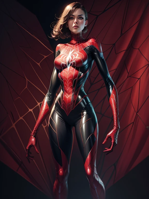 skinny spider girl superhero,  red and white suit, Rendered in stunning 24k resolution, every intricate detail of her spidy superhero life on display, a symbol of her unwavering faith and courage.