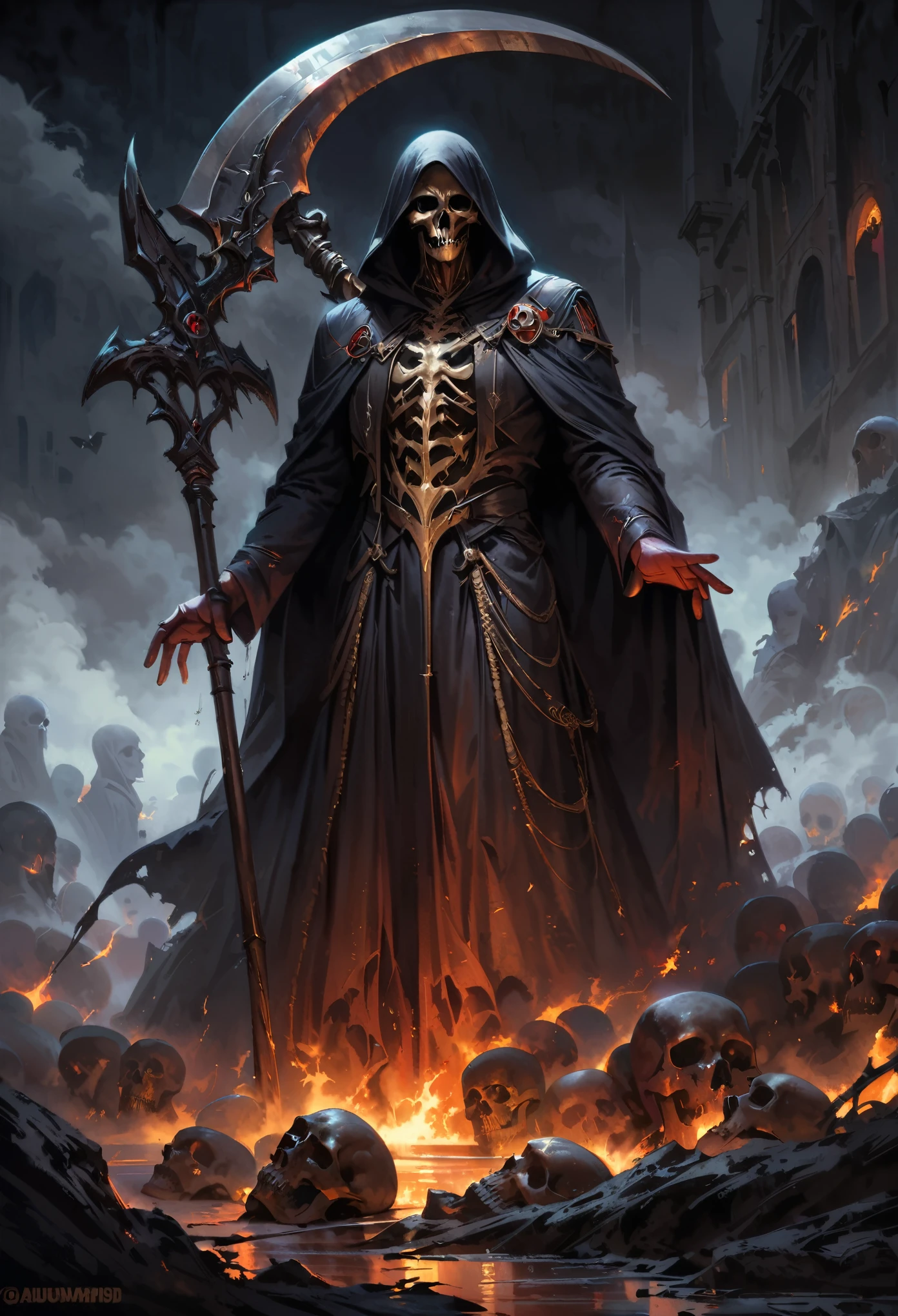 (best quality,4k,8k,highres,masterpiece:1.2),ultra-detailed,(realistic,photorealistic,photo-realistic:1.37),black grim reaper,scythe,hooded figure,boney hands,gloomy atmosphere,sinister presence,hauntingly beautiful,ominous background,dark shadows,misty graveyard,ethereal glow,eerie moonlight,mysterious fog,dreadful silence,ominous clouds,spectral apparitions,solemn expression,death personified,darkness and death intertwined,mortality and afterlife,macabre art style,symbol of doom and fate,death's eternal reign,transcendence from life to death,supreme power of the reaper,cloaked in darkness and mystery,hauntingly sublime,unseen presence,unavoidable destiny,deeper meaning and symbolism,representation of mortality,grim and relentless figure,quietly weaving souls into eternity.