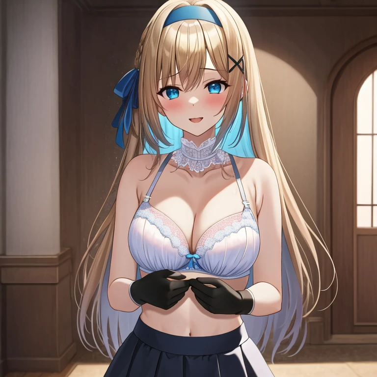 (masterpiece, best quality:1.2), 1girl, solo, blond hair, blue hairband, blue hair ribbon on the left, white-blue bra, black gloves, knight skirt,