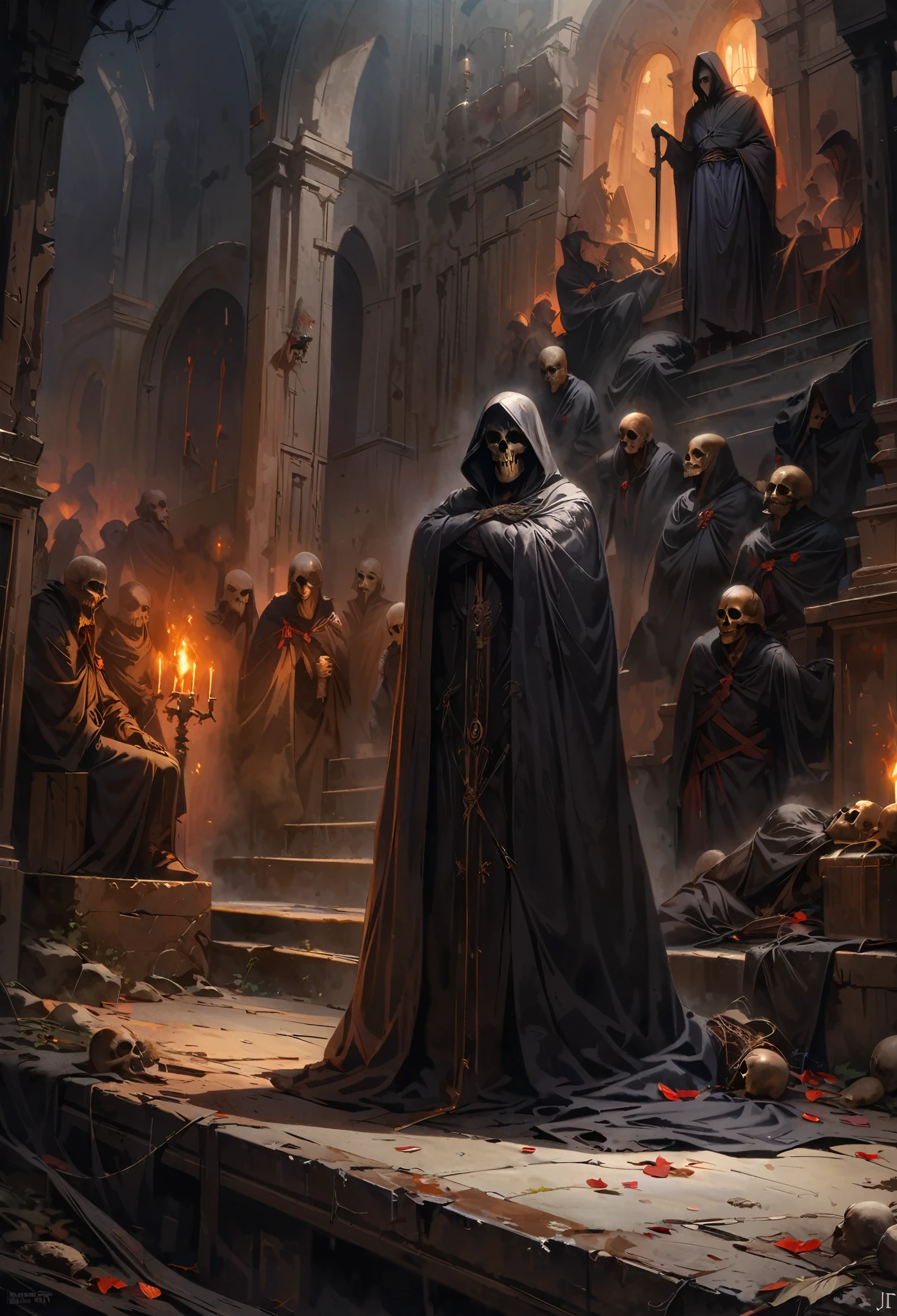 (best quality,4k,8k,highres,masterpiece:1.2),ultra-detailed,(realistic,photorealistic,photo-realistic:1.37),black grim reaper,scythe,hooded figure,boney hands,gloomy atmosphere,sinister presence,hauntingly beautiful,ominous background,dark shadows,misty graveyard,ethereal glow,eerie moonlight,mysterious fog,dreadful silence,ominous clouds,spectral apparitions,solemn expression,death personified,darkness and death intertwined,mortality and afterlife,macabre art style,symbol of doom and fate,death's eternal reign,transcendence from life to death,supreme power of the reaper,cloaked in darkness and mystery,hauntingly sublime,unseen presence,unavoidable destiny,deeper meaning and symbolism,representation of mortality,grim and relentless figure,quietly weaving souls into eternity.