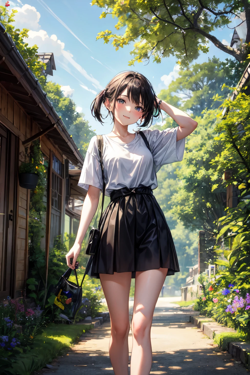 ((best quality)), ((masterpiece)), (detailed), Create a picturesque scene featuring a cute girl leaning against a tree in the middle of a lush, green natural setting. The girl has a joyful expression and is wearing a casual, summery outfit, perhaps a light dress or shorts and a t-shirt. The tree she is leaning against has a sturdy trunk with branches full of vibrant green leaves. The background should showcase a sprawling meadow with various wildflowers scattered throughout, under a bright blue sky with a few fluffy white clouds. The overall atmosphere should be one of peace, happiness, and natural beauty, capturing the essence of a perfect day in nature.