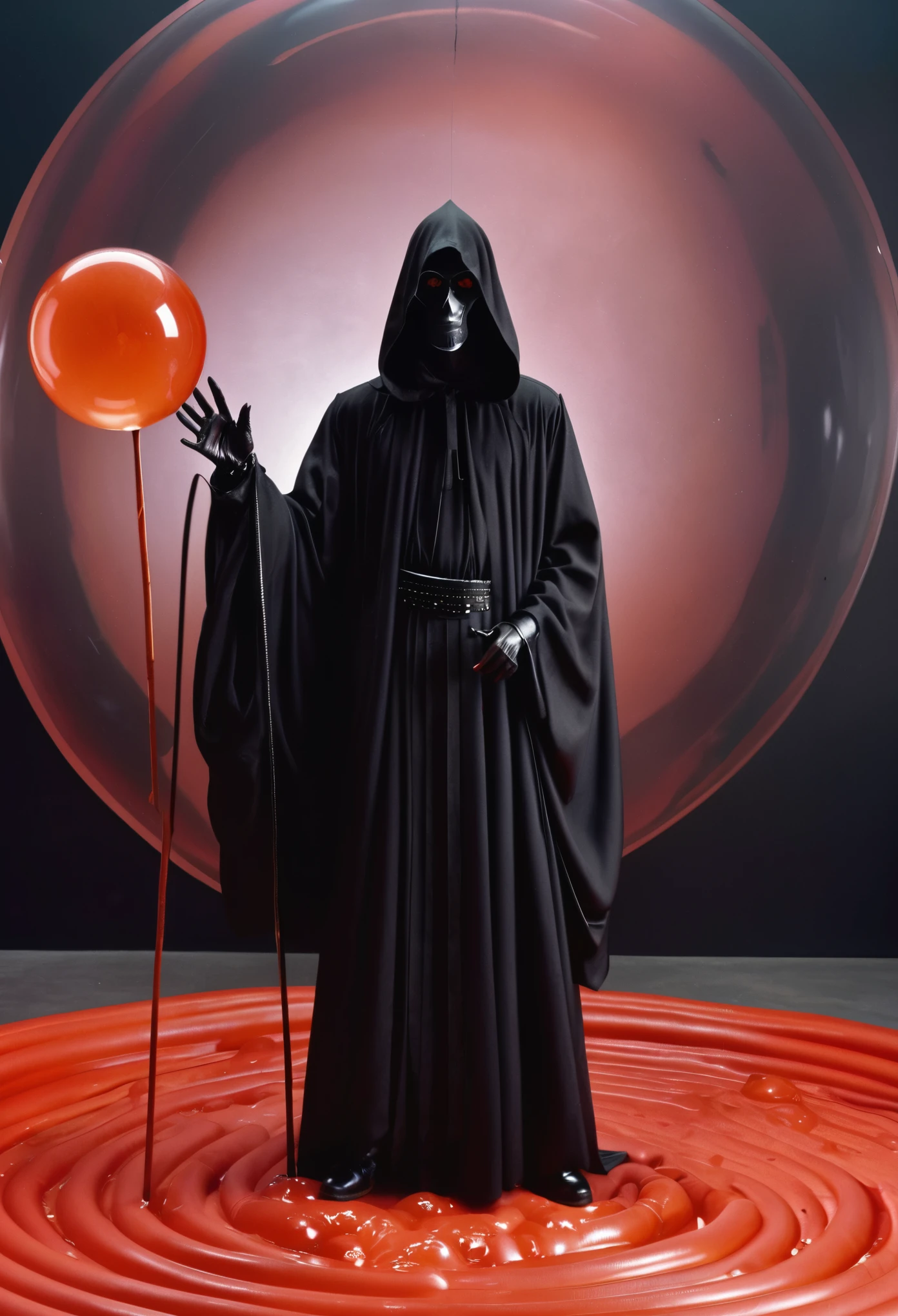 A realistic (((half body))) photograph of a Black Grim Reaper,((standing and putting one hand on waist )) with (( giant bloody bubble)) in hell, in hell background, a surrealist sculpture in the style of Richard Avedon, in a still from a fashion film, with black and red color, sminimalist stage designs, leather/hide, y2k aesthetic, aerial view, low angle upon, symmetrical composition
