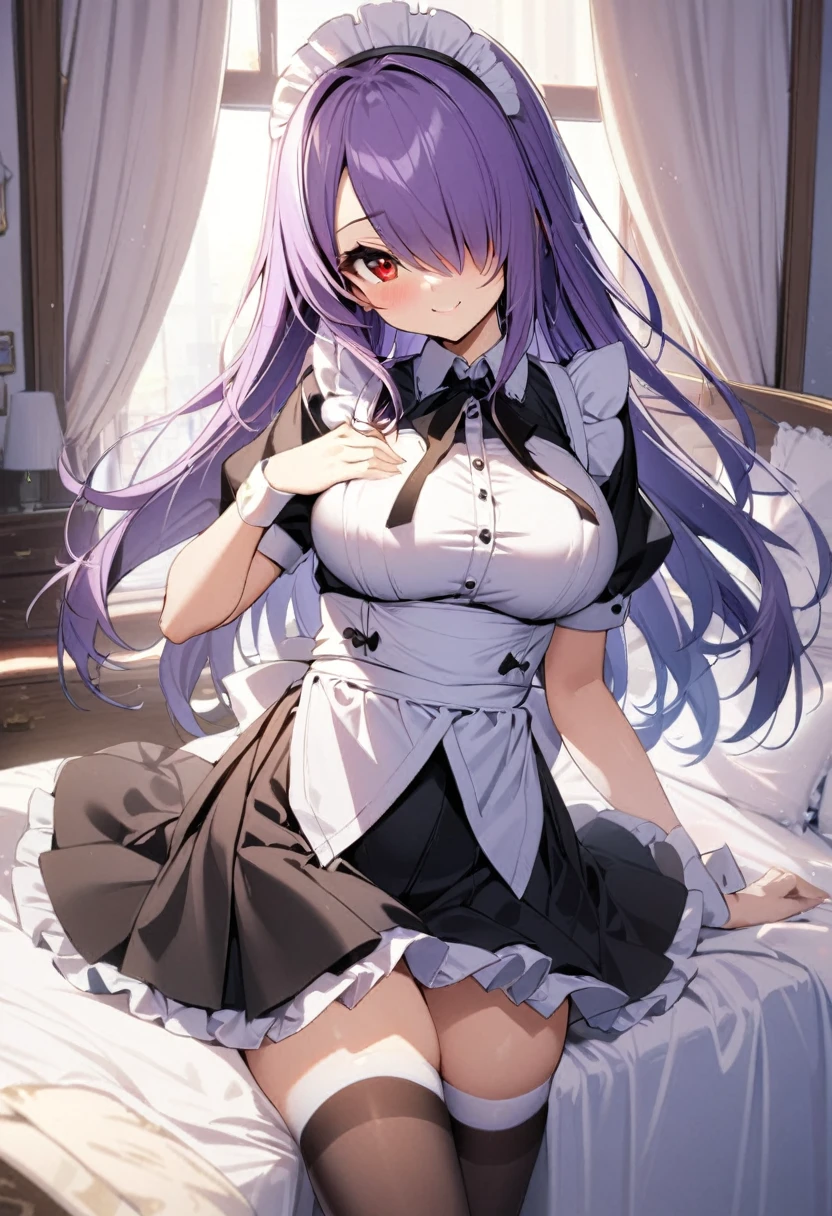 {{A メイド straddles a sleeping man and has vaginal sex}}, 最high quality, high quality, Super detailed, 32K, Ultra-detailed details, pretty girl, beautiful purple hair, Beautiful purple eyes, Big Breasts, A light smile, Red eyes, Off-the-shoulder sleeveless Summer clothes, Summer casual maid clothes, I'm lifting my skirt, Blue and white color striped underwear(Showing her underwear under her skirt), Black knee socks, My crotch is wet with love juice, 18-year-old,cute, {{The master steals the face and voice of the girl he likes, then lifts up her skirt with the girl&#39;s face and voice to seduce the master.}}, ((Full body image:1.3)), ((She straddles a sleeping man and has intense vaginal sex:1.5)), NSFW