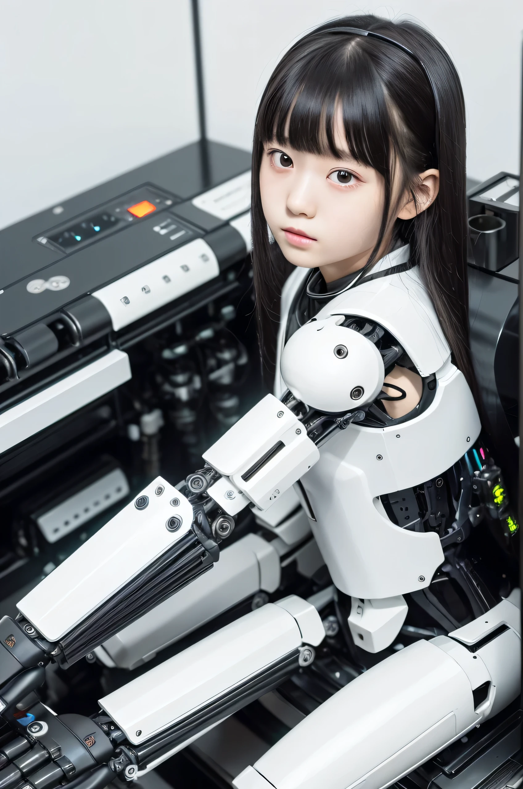 masterpiece, Best Quality, Extremely detailed, 8K portrait,Japaese android girl,,13 ytrol panels,Mechanical Hand, ,Robot arms and legs, Black hair,Mechanical body,Blunt bangs,White Robotics Parts,perfect ,Charging spot,