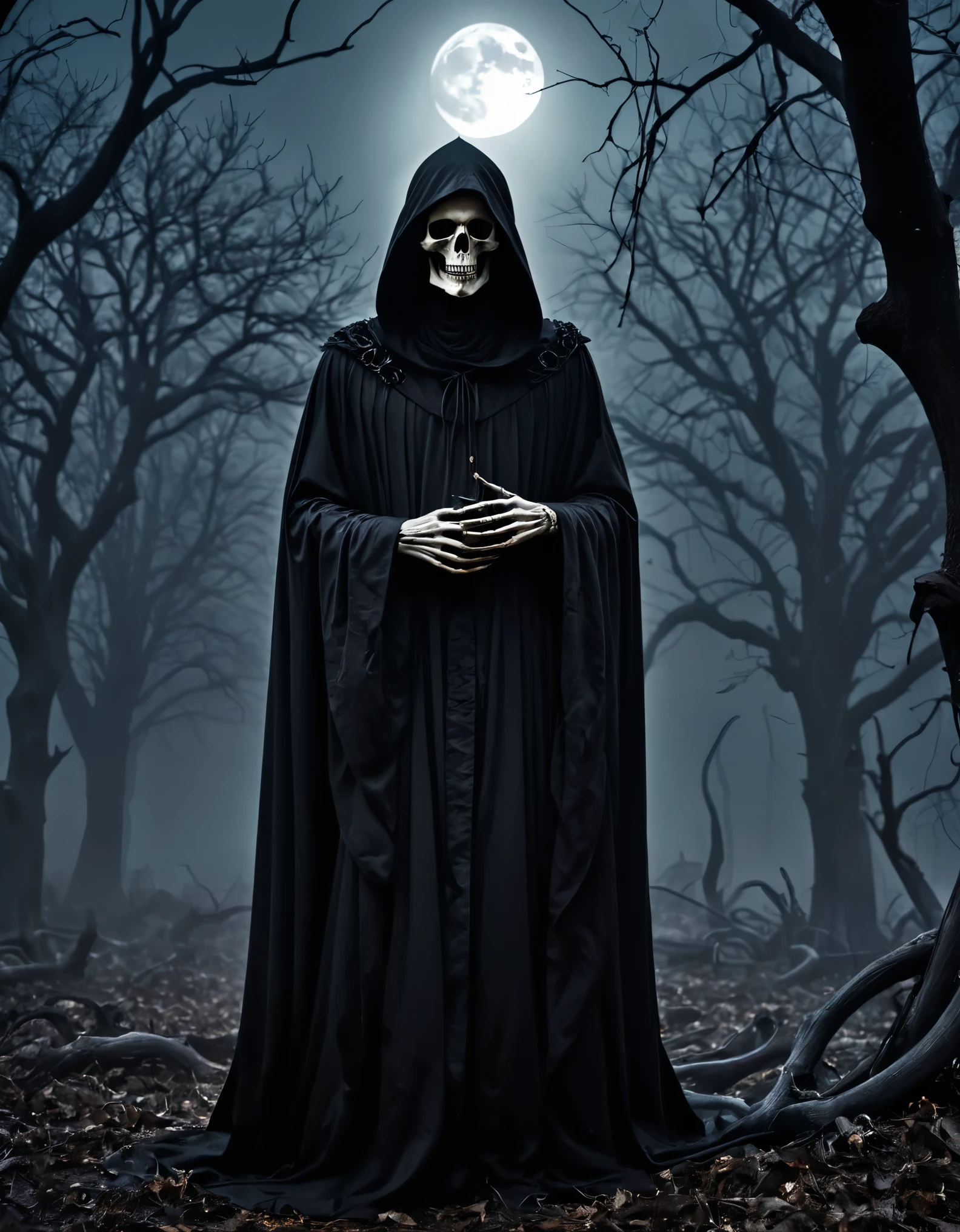 (best quality,4k,8k,highres,masterpiece:1.2),ultra-detailed,(realistic,photorealistic,photo-realistic:1.37),grisly,bone-chilling,dark,ominous,horrifying,macabre,foreboding,dreadful,shadowy Grim Reaper looming in the darkness,scythe,straight razor-sharp blade,hooded cloak flowing,meticulously crafted eye sockets,foreboding skeletal hands,reptilian-like skin,ethereal and ghostly presence,long and bony fingers,hood casting deep shadows over its face,spooky glowing eyes,gleaming white skull,pitch-black robe billowing,grotesque skeletal features,shadows wrapping around the Reaper's form,sinister aura,evocative gray palette,mysterious and haunting atmosphere,low-key lighting,cold and desolate setting,thick fog creeping across the ground,somber and chilling ambiance,ominous moon casting an eerie glow,dead trees reaching out towards the sky,creepy and unsettling silence,ghastly figure of the Grim Reaper lurking in the depths of the night,imposing and intimidating presence,atmospheric and foreboding,macabre symbolism,subtle hints of death,inducing a sense of fear and unease,nightmarish and otherworldly portrayal,dark spiritual entity.Xill