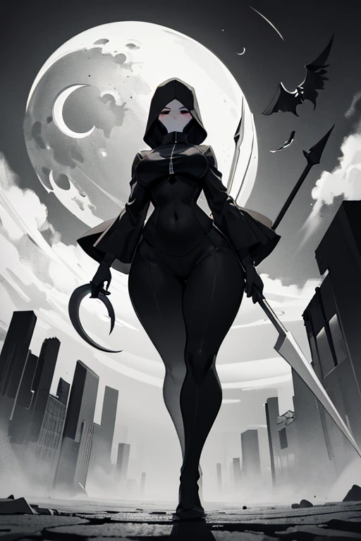 (Monochrome Grayscale: 1.2), A Gigantic Grim Reaper, Midnight Battlefield, Massive Scythe (Crescent Moon: 1.2), Pale, Fully Clothed, Overwhelmingly Busty, Standing with a Dominant Stance, Full-Body Shot, Front View from Below, Dark and Dramatic Cinematic Lighting, Covered Breasts Under a Mantle of Shadows