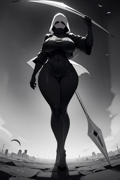 (Monochrome Grayscale: 1.2), A Gigantic Grim Reaper, Midnight Battlefield, Massive Scythe (Crescent Moon: 1.2), Pale, Fully Clothed, Overwhelmingly Busty, Standing with a Dominant Stance, Full-Body Shot, Front View from Below, Dark and Dramatic Cinematic Lighting, Covered Breasts Under a Mantle of Shadows