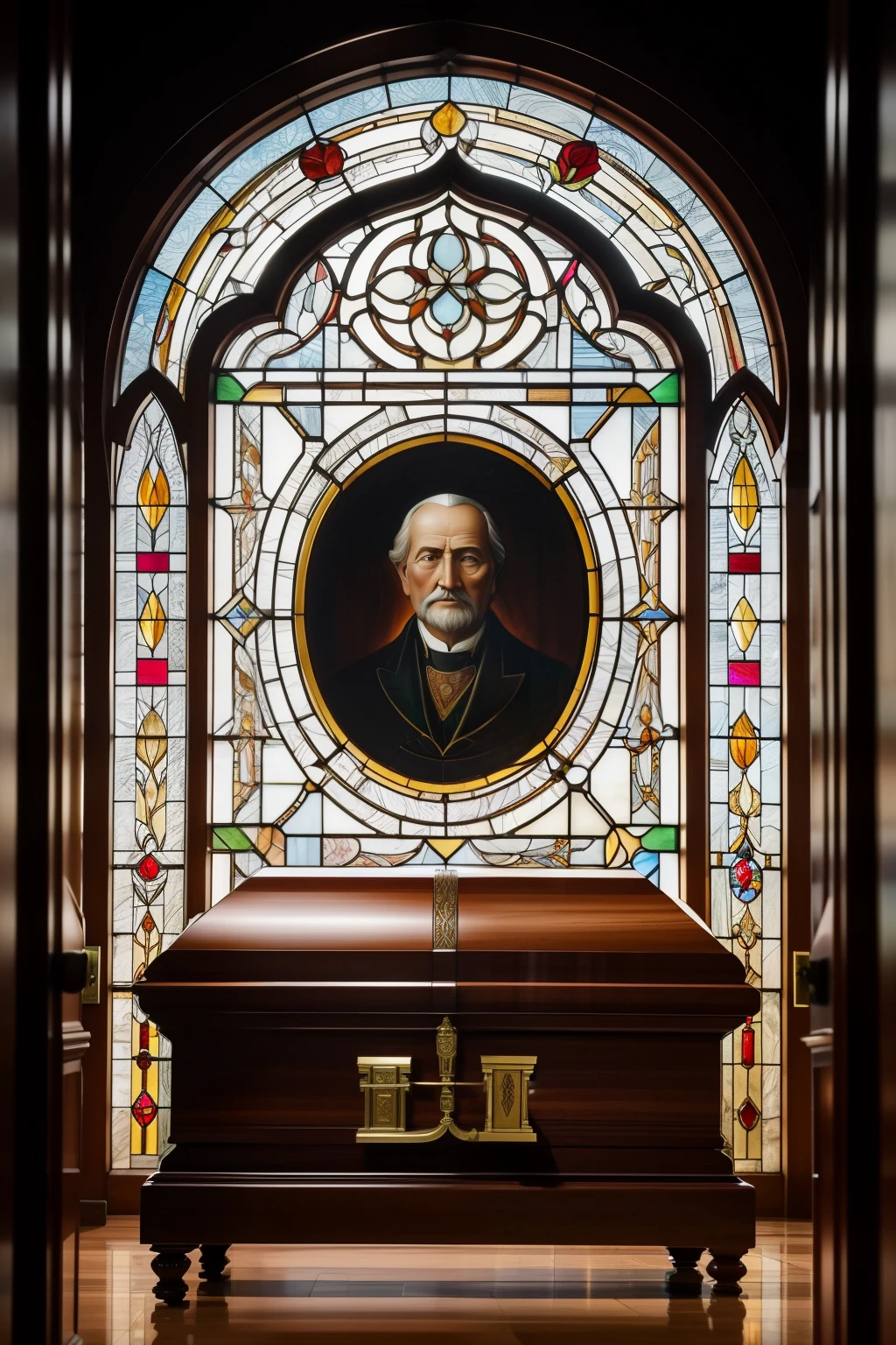 John Mortonson has left this world, his departure has left an indelible mark. Now he rests in a mahogany coffin, his face serene behind the glass, as if death had not been painful to him -- a peaceful repose, reminiscent of a figurine from another era. The light from the church's stained-glass windows casts a diffused, warm glow on his face, illuminating the wrinkles of wisdom etched into his skin. The casket is adorned with intricate carvings, symbolizing the life he led, now encased in the timeless beauty of the mahogany. A single white rose rests atop