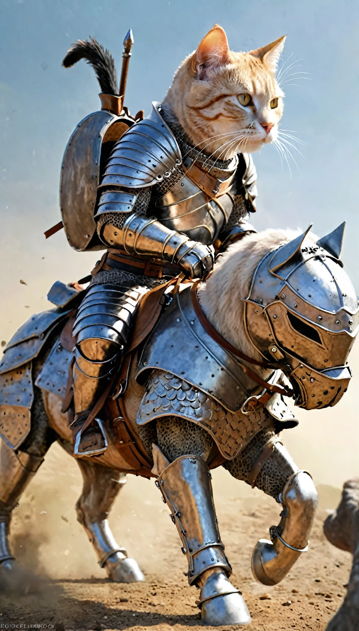 Awesome illustration of a heavily armored cat, Embark on a journey to become a cat warrior, Realistic,ride a horse