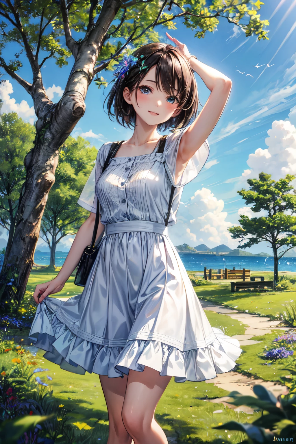 ((best quality)), ((masterpiece)), (detailed), Create a picturesque scene featuring a cute girl leaning against a tree in the middle of a lush, green natural setting. The girl has a joyful expression and is wearing a casual, summery outfit, perhaps a light dress or shorts and a t-shirt. The tree she is leaning against has a sturdy trunk with branches full of vibrant green leaves. The background should showcase a sprawling meadow with various wildflowers scattered throughout, under a bright blue sky with a few fluffy white clouds. The overall atmosphere should be one of peace, happiness, and natural beauty, capturing the essence of a perfect day in nature.