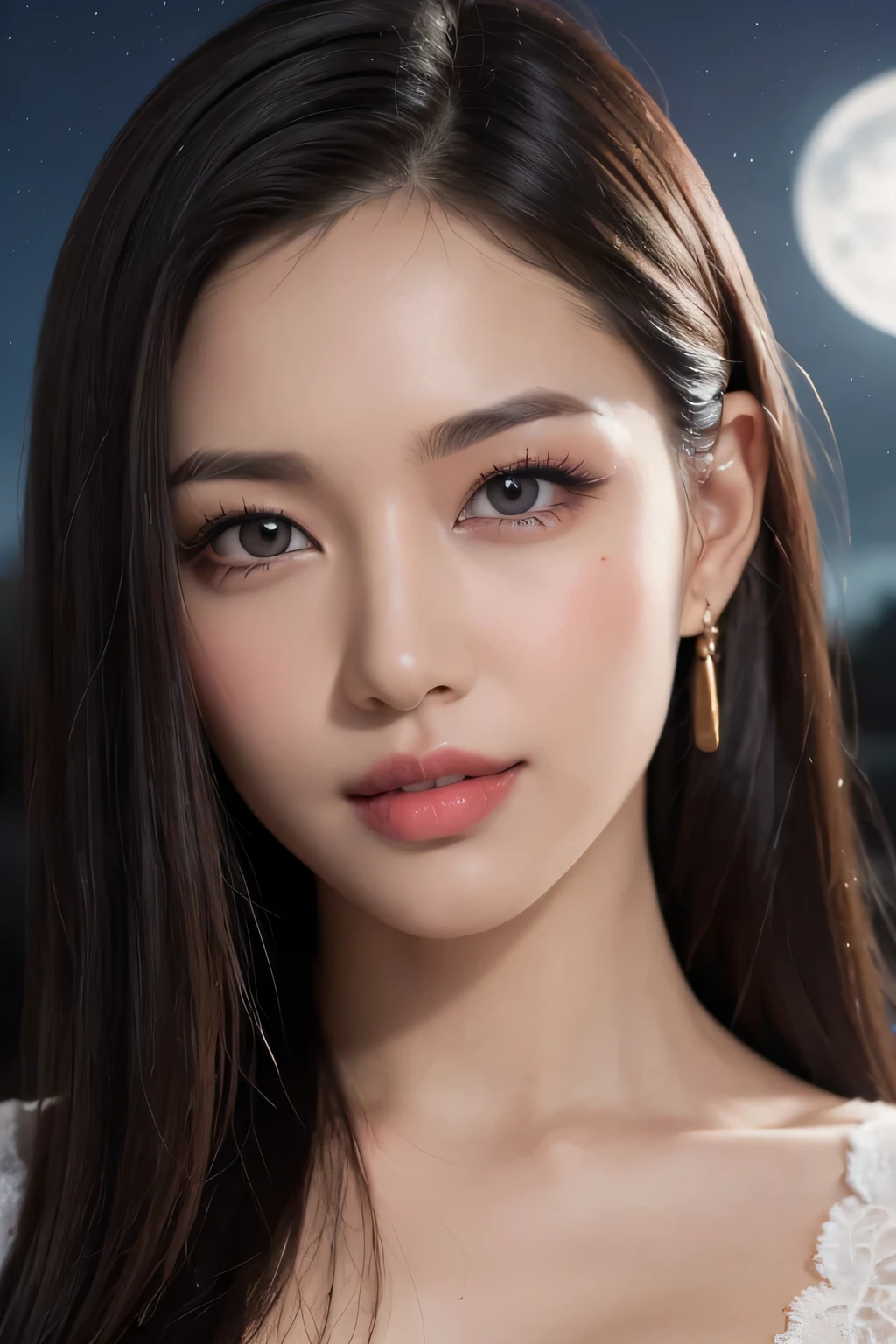 Body portrait, 8K, thin and beautiful eyes, Dindal effect, masterpiece, top quality, high quality, high resolution, very detailed photo, (natural skin texture, fine skin, hyper realism, super sharpness), high detail skin, (very fine, fine skin texture, intricate details, beautiful face, (realistic face), realistic eyes, beautifully detailed eyes, realistic skin, beautiful skin, surreal, very detailed Golden ratio, smiling eyes, ((night moonlight background) )), body portrait, G cup, big breasts, huge breasts, big breasts, glamorous, sexy knit dress,