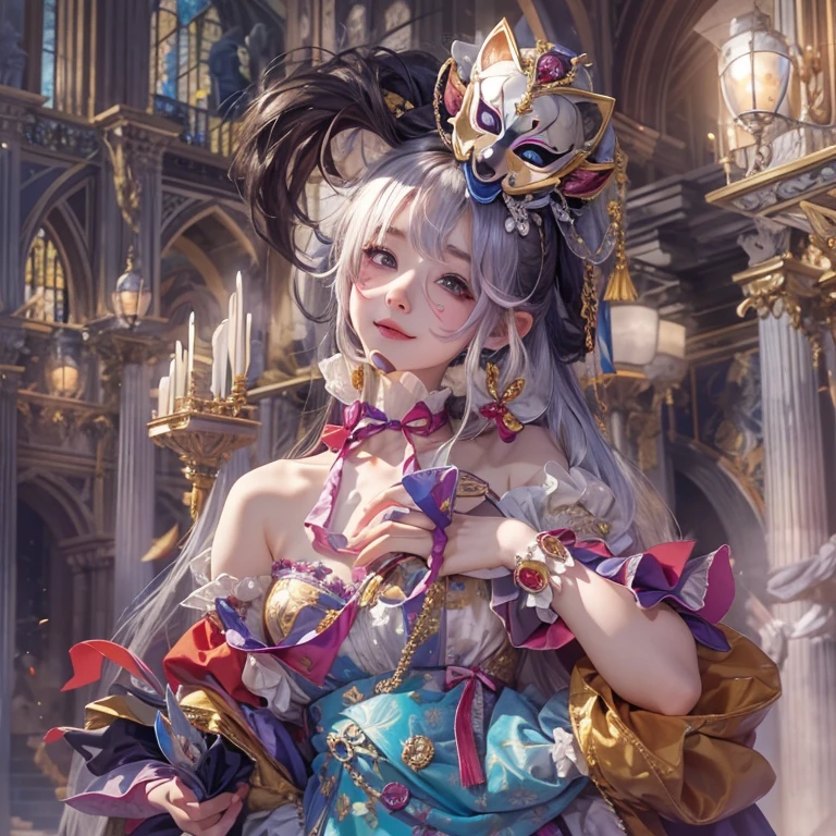 Hiding in the castle、Hair flow、 ((highest quality、masterpiece、8k、Best image quality、Ultra-high resolution、Award-winning works)、(Accurate anatomy:1.1)、(Look at me and smile:1.1)、Shining fair skin with Ultra-high resolution、The most detailed face、Ultra-high resolution detailed face、Ultra-high resolutionの髪の毛、(Ultra-high resolutionの煌めく瞳:1.1)、Beautiful face drawn in every detail、(Blurred Background:1.1)、Cheerful clown costume, Chest to chest, tattoo,、Wear a Venetian mask、Holding a masquerade mask