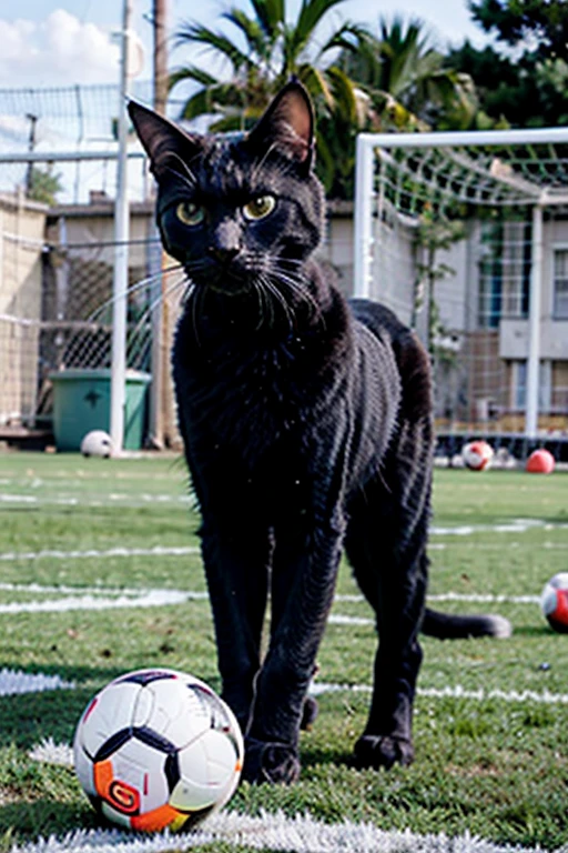 Gato negro jugando con pelota de soccer 