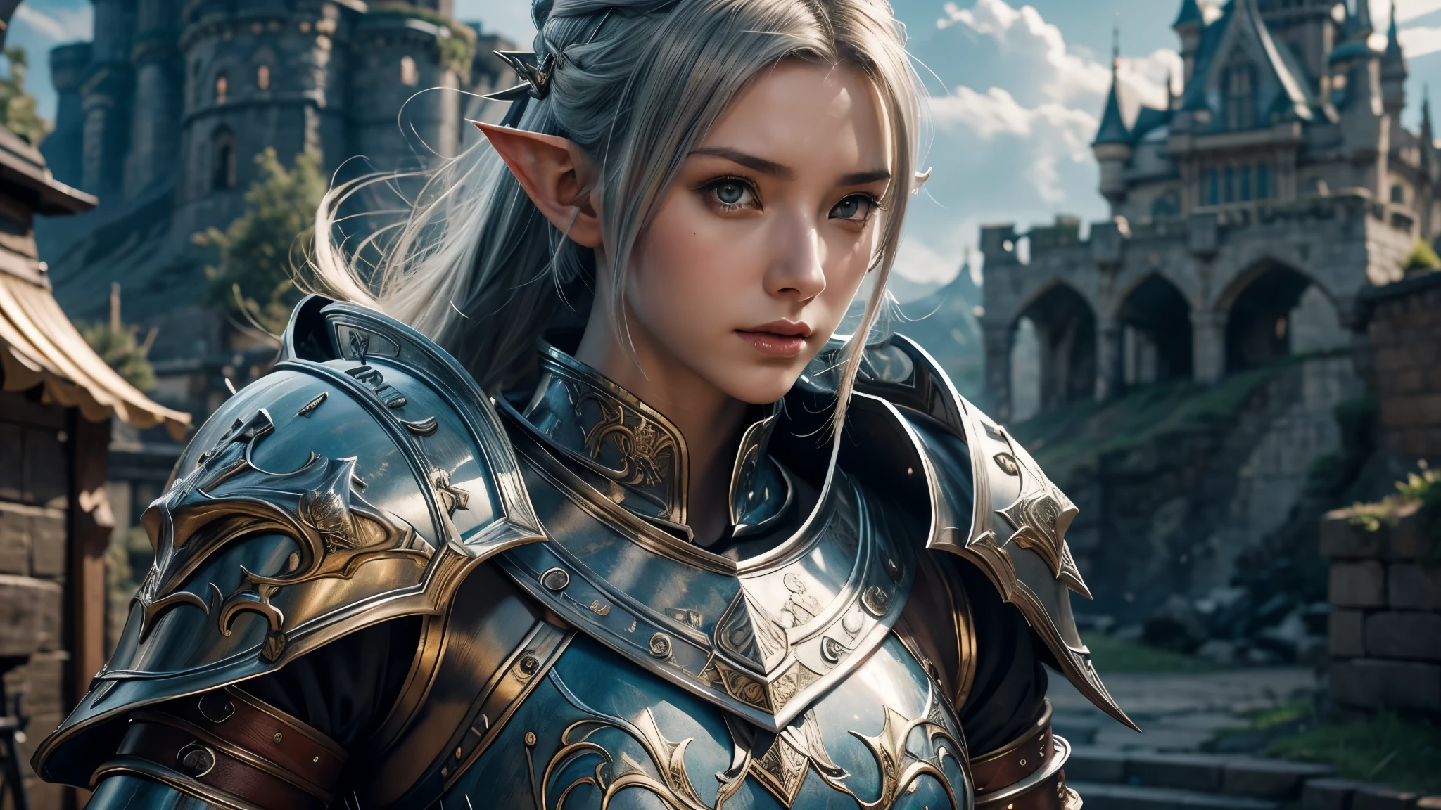 3D render, portrait of a beautiful young elf girl with long wet hair, wearing a full suit of polished bronze medieval armor with armor plates, ((fleur de lis on armor: 1.8)) blue eyes, beautiful features, fierce, (dirty face:1.3), elf ears, background of mossy rock, ((dirt and grit)), small breasts, moss covered rocks and mist in background, dark background, DOF, 8k, (shadow) (dark setting) subsurface scattering, specular light, highres, octane render, ray traced, masterpiece, best quality, highest quality