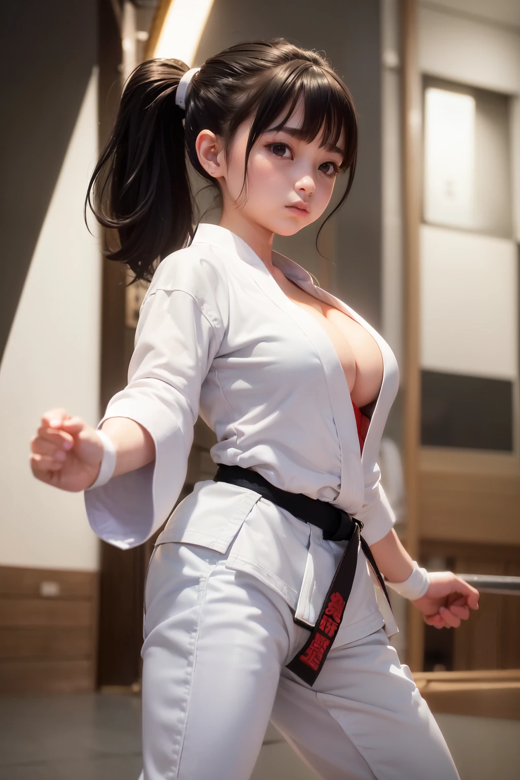 8k、Raw Photo、highest quality、masterpiece：1.2),(Black-haired),((From the knee up:1.35))、Upper Body、ponytail、View your viewers,Viewed from the front,,White skin,(A very young, tiny girl is enjoying karate at the karate dojo.)、((A very young, , tiny girl with big breasts))、((Karate uniform with the front open、Fully exposed cleavage:1.5))、((Very large breasts:1.3))、Naked cleavage、Standing with legs slightly apart、((((Karate uniform with sleeves))))、Ultra-high resolution,beautiful,beautiful fece,